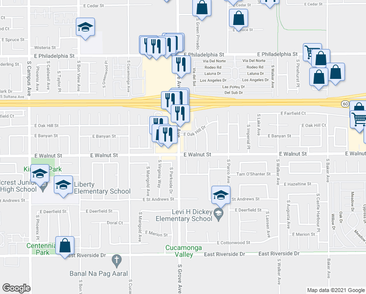 map of restaurants, bars, coffee shops, grocery stores, and more near 2540 South Amador Place in Ontario