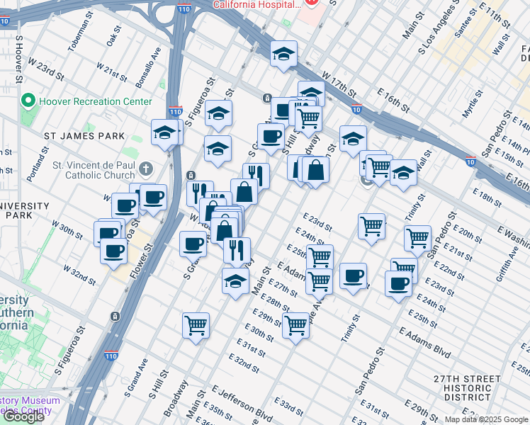 map of restaurants, bars, coffee shops, grocery stores, and more near 150 West 24th Street in Los Angeles