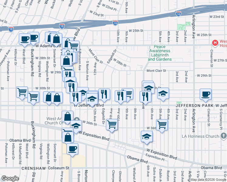 map of restaurants, bars, coffee shops, grocery stores, and more near 3010 11th Avenue in Los Angeles