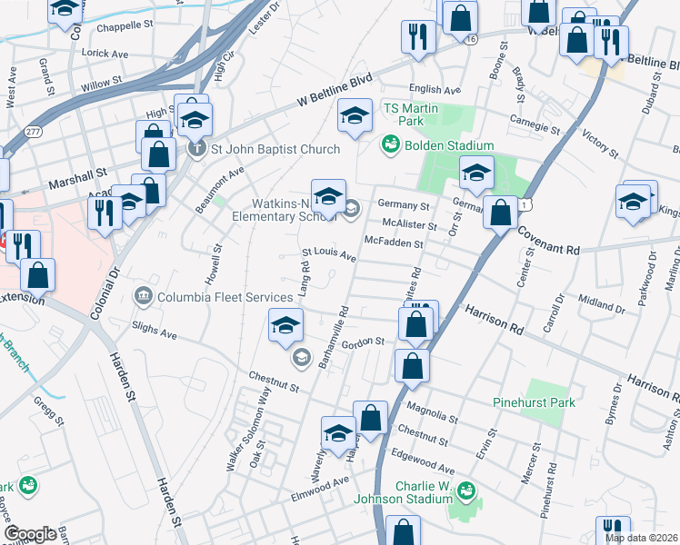 map of restaurants, bars, coffee shops, grocery stores, and more near 3132 Windwood Place in Columbia