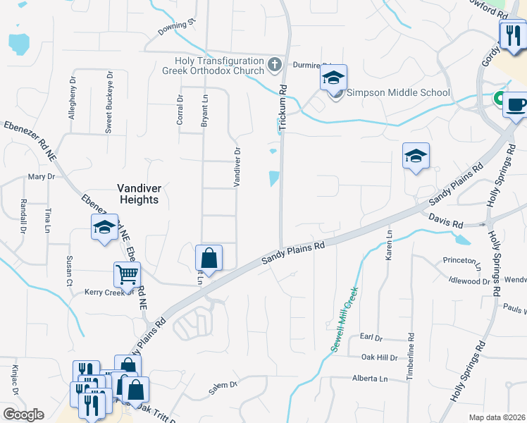 map of restaurants, bars, coffee shops, grocery stores, and more near 3155 Trickum Road in Marietta