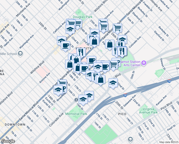map of restaurants, bars, coffee shops, grocery stores, and more near 1507 20th Street in Santa Monica
