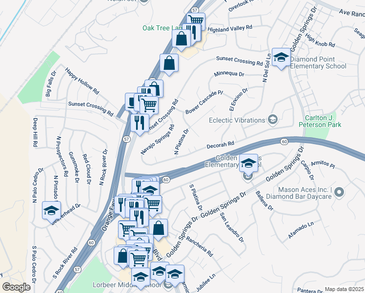map of restaurants, bars, coffee shops, grocery stores, and more near 234 North Platina Drive in Pomona