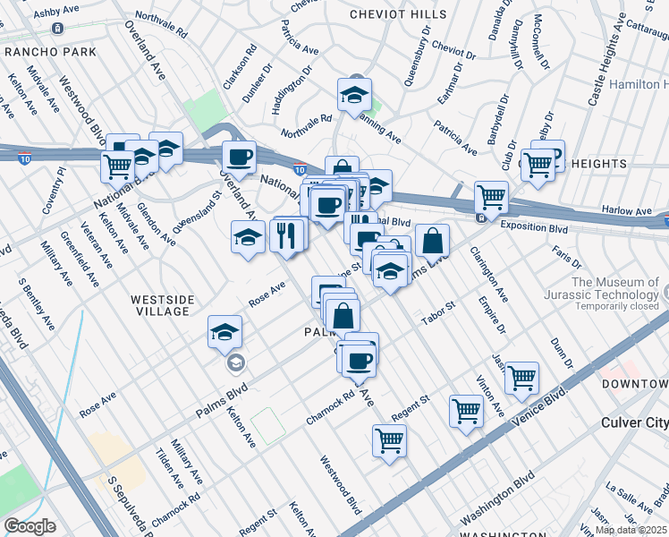 map of restaurants, bars, coffee shops, grocery stores, and more near 3359 Mentone Avenue in Los Angeles