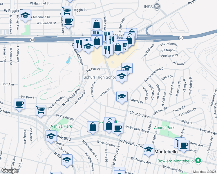 map of restaurants, bars, coffee shops, grocery stores, and more near 865 North Hay Street in Montebello