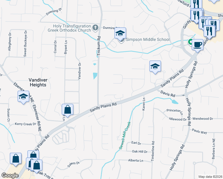 map of restaurants, bars, coffee shops, grocery stores, and more near 2520 Sandy Court in Marietta