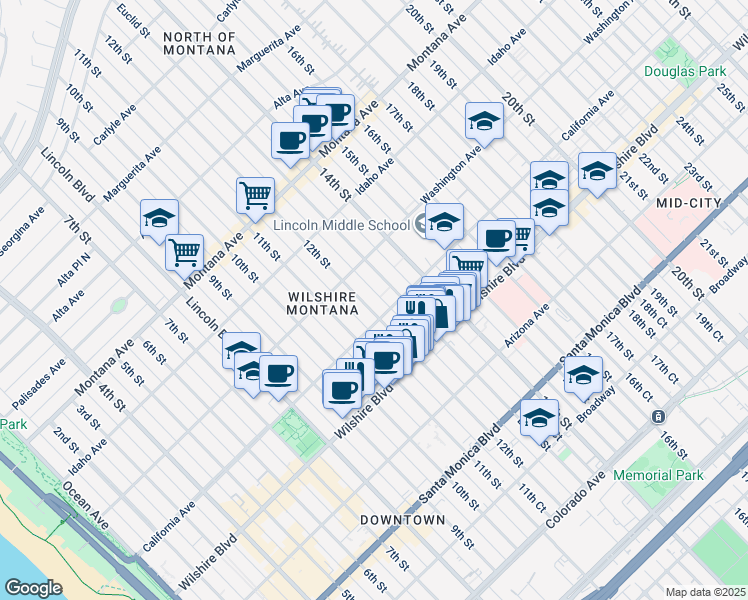 map of restaurants, bars, coffee shops, grocery stores, and more near in Santa Monica