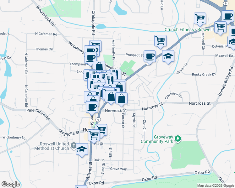 map of restaurants, bars, coffee shops, grocery stores, and more near 1055 Alpharetta Street in Roswell
