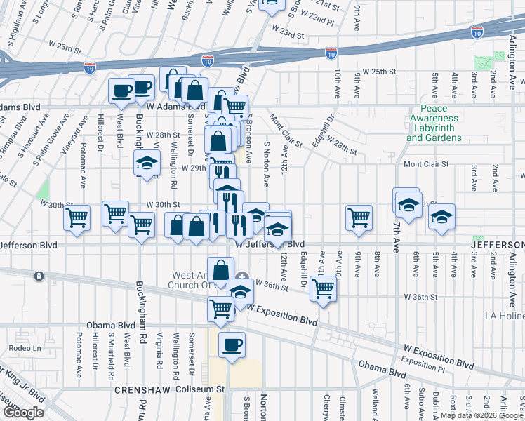 map of restaurants, bars, coffee shops, grocery stores, and more near 3009 South Norton Avenue in Los Angeles