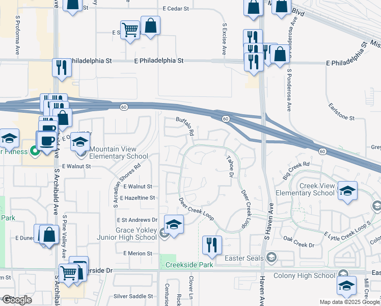 map of restaurants, bars, coffee shops, grocery stores, and more near 3201 Crystal Lake Court in Ontario