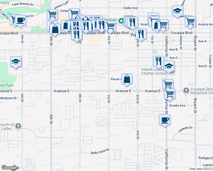 map of restaurants, bars, coffee shops, grocery stores, and more near 12464 3rd Street in Yucaipa