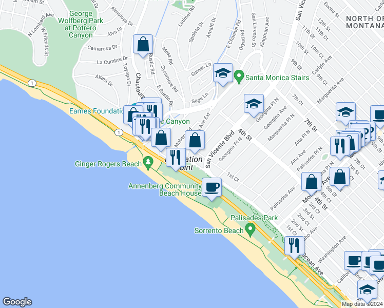 map of restaurants, bars, coffee shops, grocery stores, and more near 143 Ocean Avenue Extension in Santa Monica