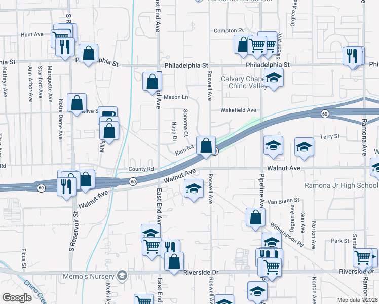 map of restaurants, bars, coffee shops, grocery stores, and more near 3811 Kern Road in Chino