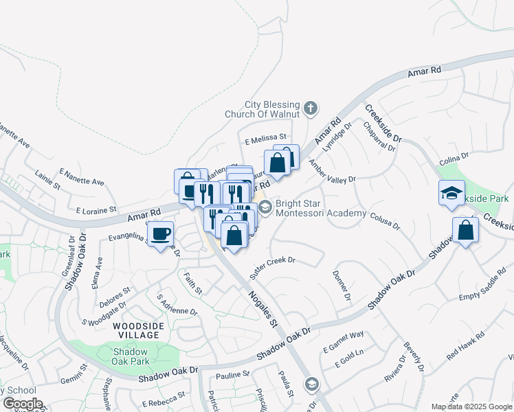 map of restaurants, bars, coffee shops, grocery stores, and more near 18780 Amar Road in Walnut