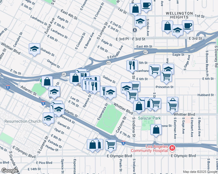 map of restaurants, bars, coffee shops, grocery stores, and more near 3566 Sabina Street in Los Angeles