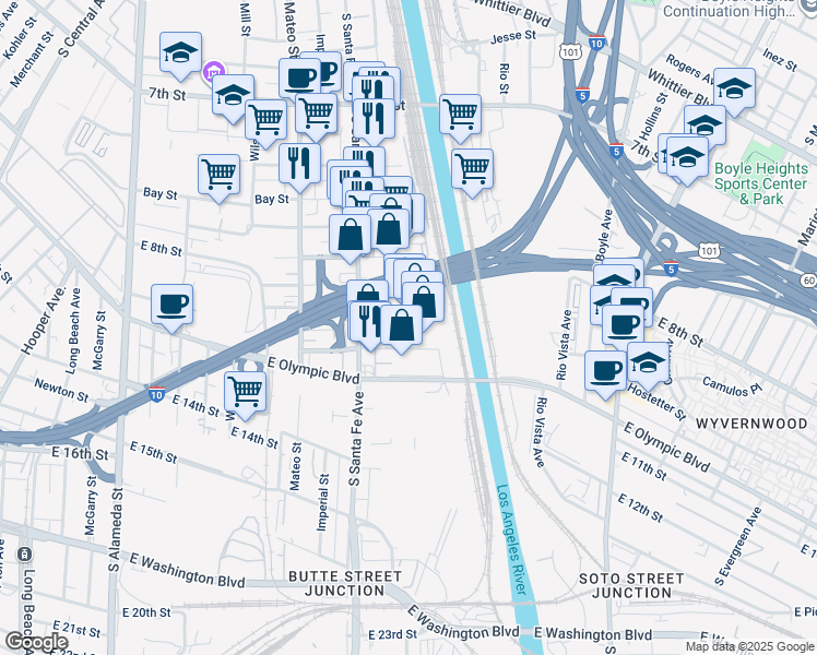 map of restaurants, bars, coffee shops, grocery stores, and more near 2438 Hunter Street in Los Angeles