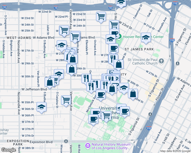 map of restaurants, bars, coffee shops, grocery stores, and more near 1115 West 30th Street in Los Angeles