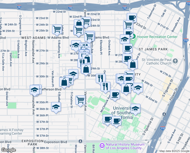 map of restaurants, bars, coffee shops, grocery stores, and more near 1225 West 30th Street in Los Angeles