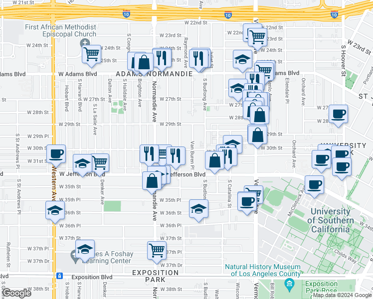 map of restaurants, bars, coffee shops, grocery stores, and more near 2955 Van Buren Place in Los Angeles