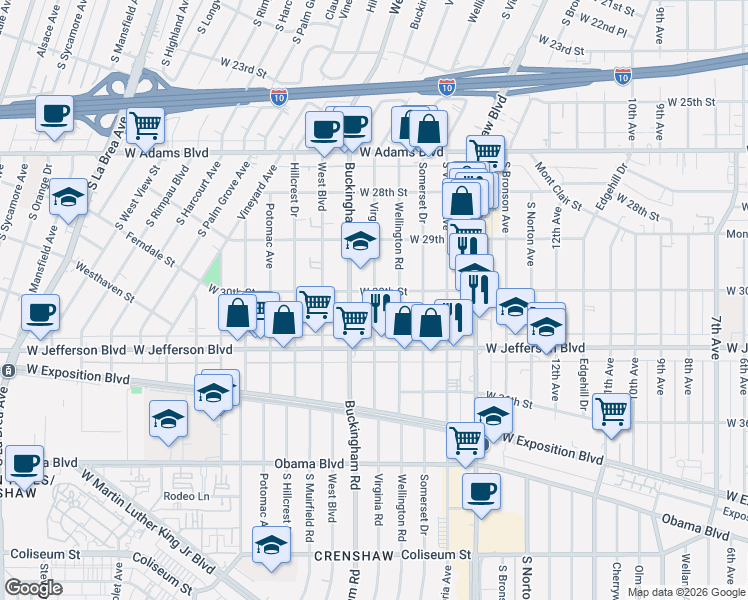 map of restaurants, bars, coffee shops, grocery stores, and more near 3003 Virginia Road in Los Angeles