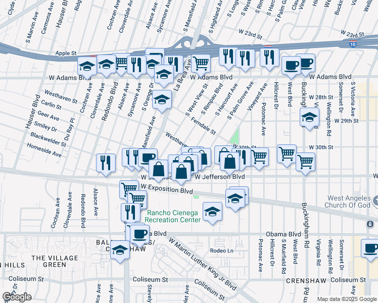 map of restaurants, bars, coffee shops, grocery stores, and more near 2857 South Harcourt Avenue in Los Angeles
