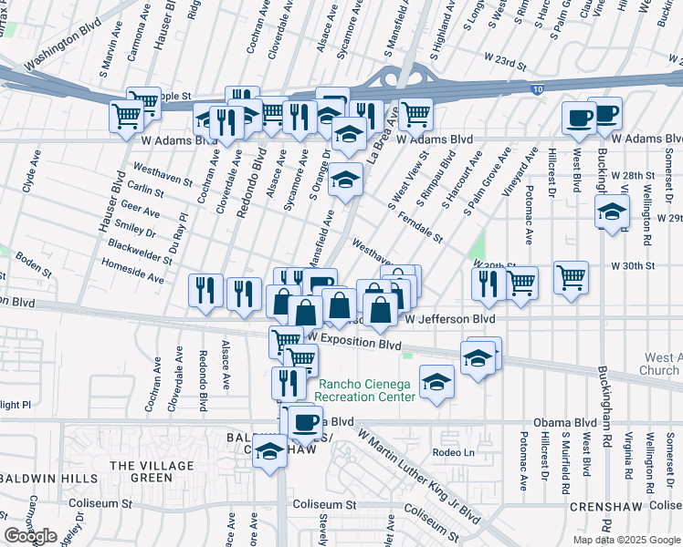 map of restaurants, bars, coffee shops, grocery stores, and more near 2946 South La Brea Avenue in Los Angeles