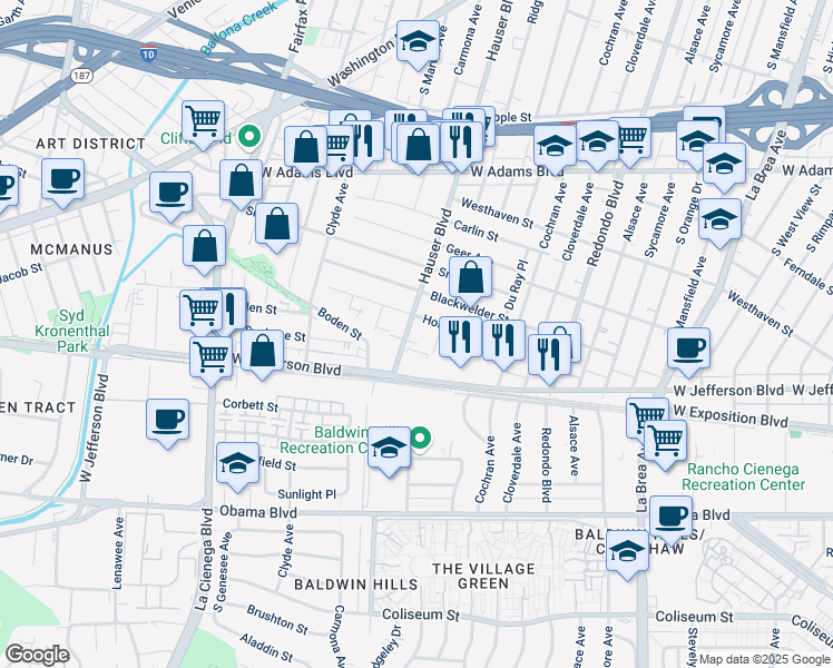 map of restaurants, bars, coffee shops, grocery stores, and more near 2917 Hauser Boulevard in Los Angeles