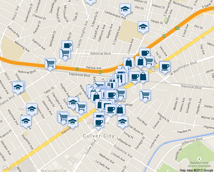 map of restaurants, bars, coffee shops, grocery stores, and more near 3734 South Canfield Avenue in Los Angeles