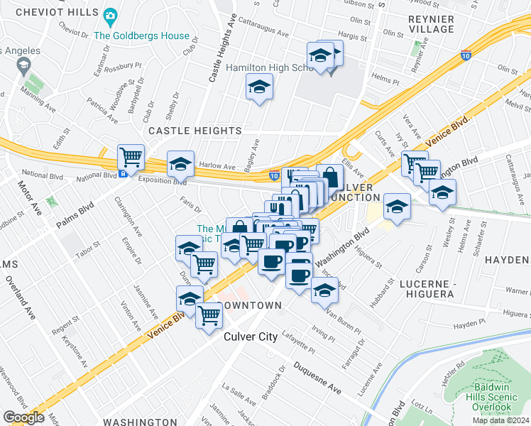 map of restaurants, bars, coffee shops, grocery stores, and more near 3734 South Canfield Avenue in Los Angeles
