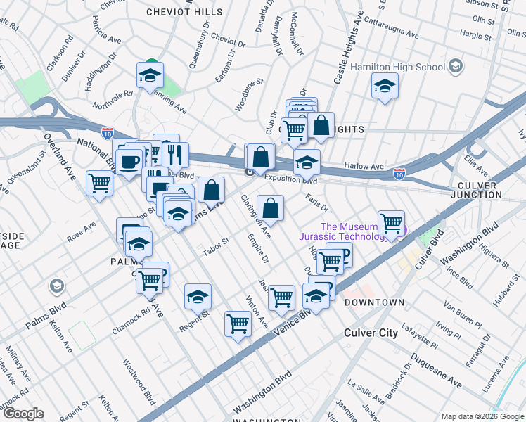 map of restaurants, bars, coffee shops, grocery stores, and more near 3546 Clarington Avenue in Los Angeles