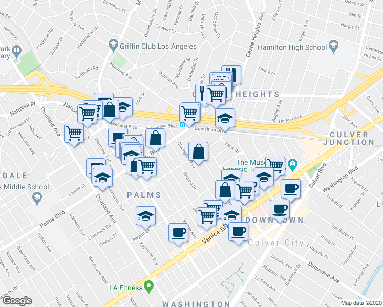 map of restaurants, bars, coffee shops, grocery stores, and more near 3546 Clarington Avenue in Los Angeles
