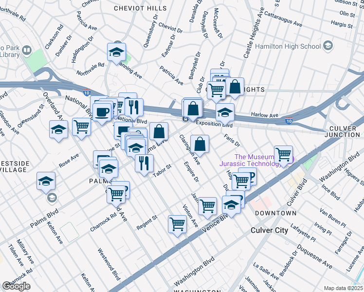 map of restaurants, bars, coffee shops, grocery stores, and more near 3546 Clarington Avenue in Los Angeles