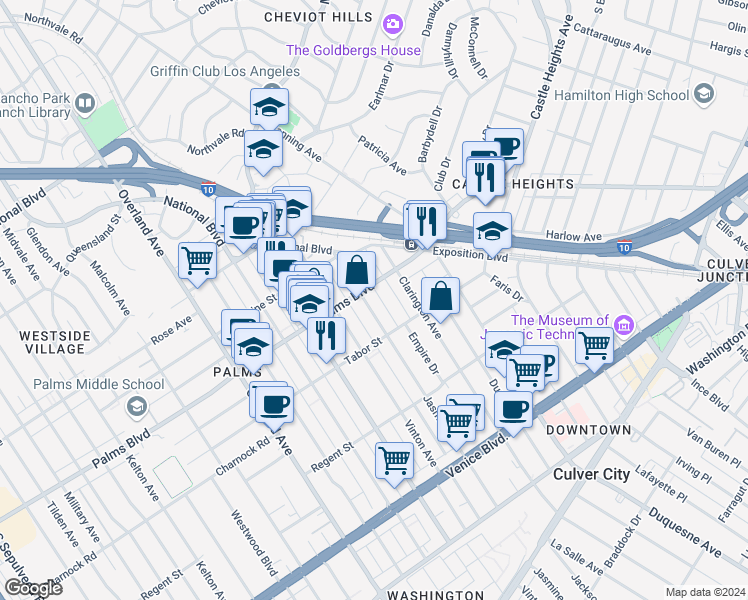 map of restaurants, bars, coffee shops, grocery stores, and more near 10138 Palms Boulevard in Los Angeles