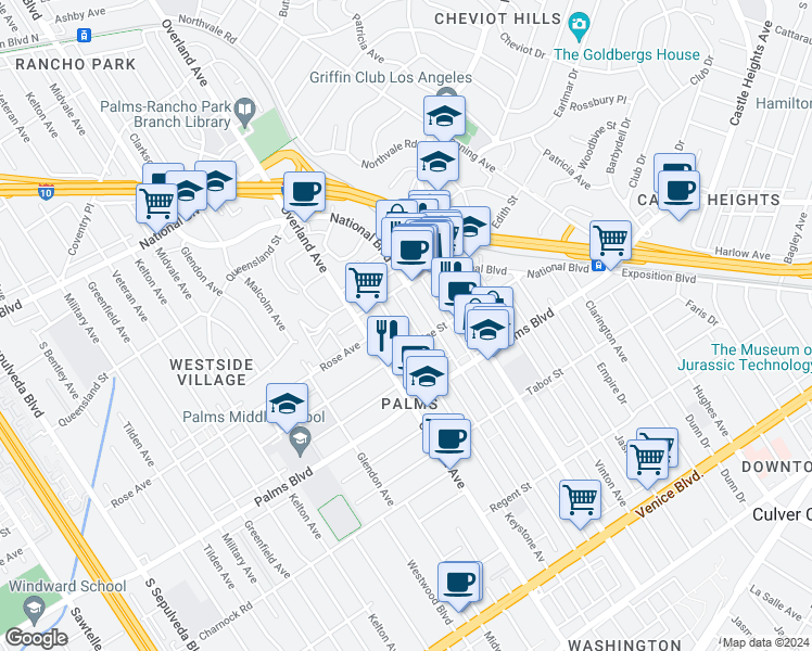map of restaurants, bars, coffee shops, grocery stores, and more near 3345 Mentone Avenue in Los Angeles