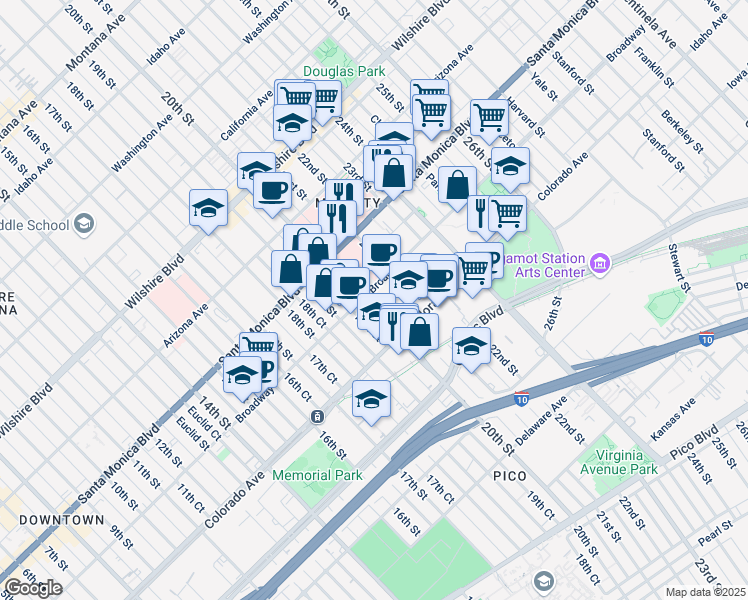 map of restaurants, bars, coffee shops, grocery stores, and more near 2020 Broadway in Santa Monica