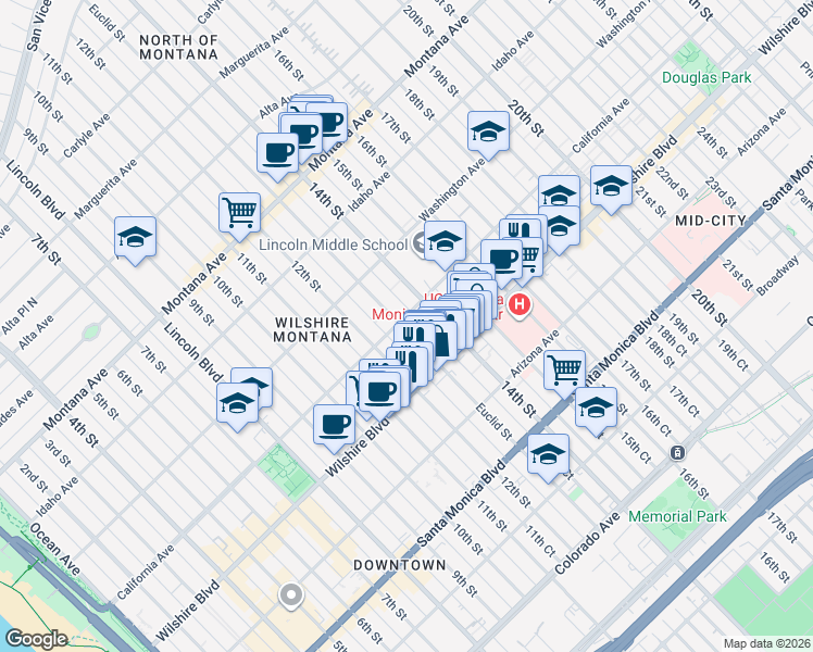map of restaurants, bars, coffee shops, grocery stores, and more near 1308 California Avenue in Santa Monica