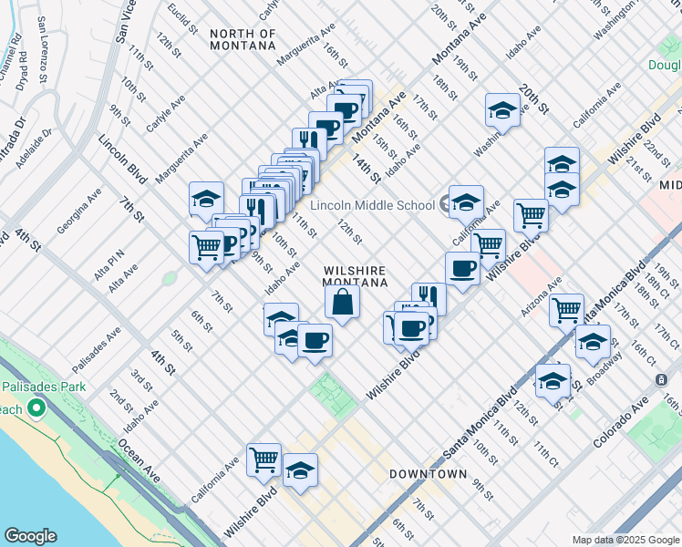 map of restaurants, bars, coffee shops, grocery stores, and more near in Santa Monica