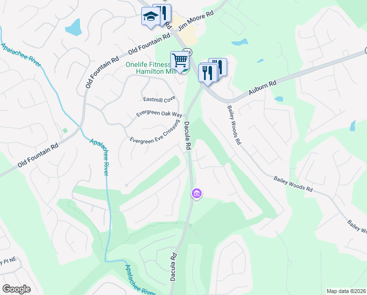 map of restaurants, bars, coffee shops, grocery stores, and more near 2895 The Terraces Way in Dacula