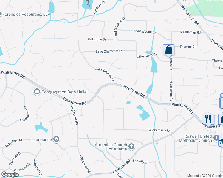 map of restaurants, bars, coffee shops, grocery stores, and more near 120 Pineridge Way in Roswell