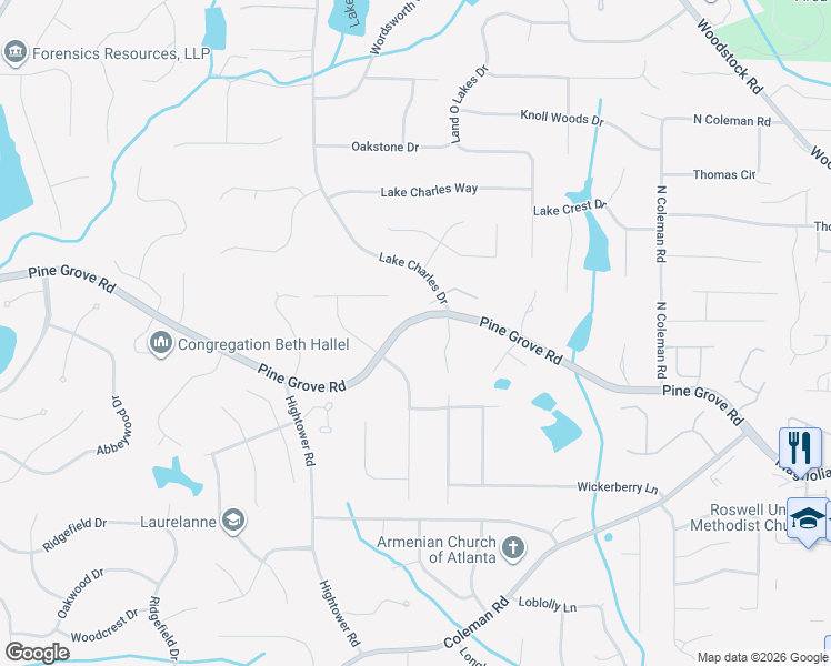 map of restaurants, bars, coffee shops, grocery stores, and more near 600 Pine Grove Road in Roswell