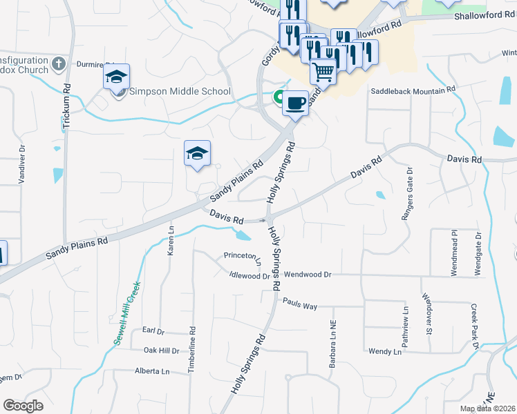 map of restaurants, bars, coffee shops, grocery stores, and more near 2848 Holly Oaks Drive in Marietta