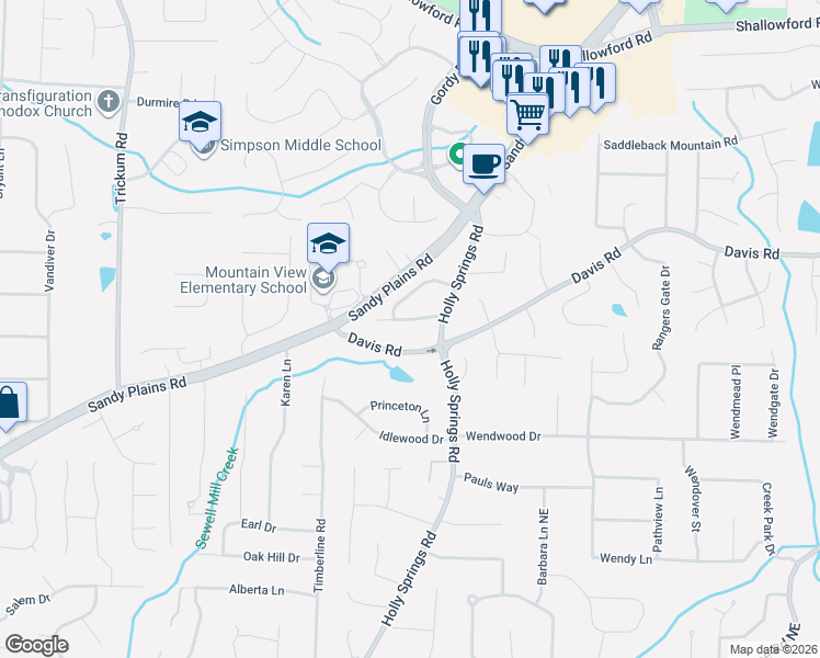 map of restaurants, bars, coffee shops, grocery stores, and more near 2840 Holly Oaks Drive in Marietta