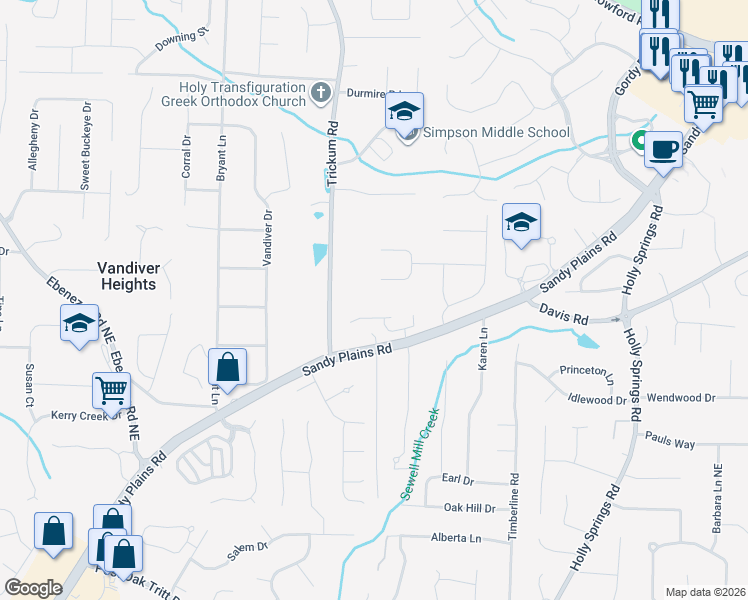 map of restaurants, bars, coffee shops, grocery stores, and more near 2520 Sandy Court in Marietta