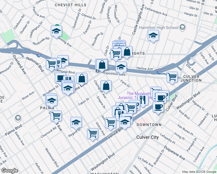 map of restaurants, bars, coffee shops, grocery stores, and more near 3602 Dunn Drive in Los Angeles