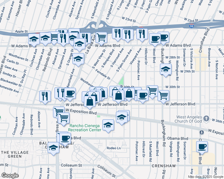 map of restaurants, bars, coffee shops, grocery stores, and more near 3033 Vineyard Avenue in Los Angeles