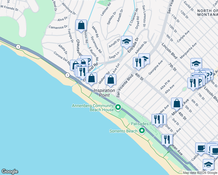 map of restaurants, bars, coffee shops, grocery stores, and more near 201 Ocean Avenue in Santa Monica