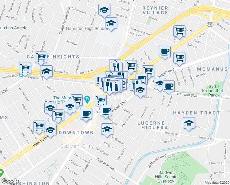 map of restaurants, bars, coffee shops, grocery stores, and more near 3710 Hoke Avenue in Culver City