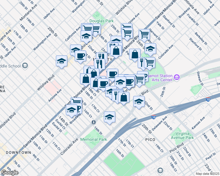 map of restaurants, bars, coffee shops, grocery stores, and more near 1507 20th Street in Santa Monica