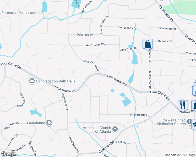 map of restaurants, bars, coffee shops, grocery stores, and more near 120 Pineridge Way in Roswell