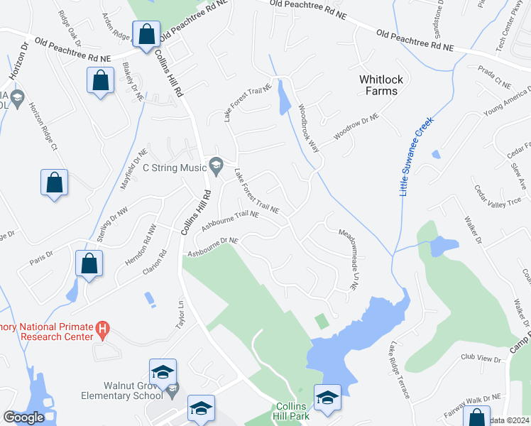map of restaurants, bars, coffee shops, grocery stores, and more near 382 Ashbourne Trail Northeast in Lawrenceville